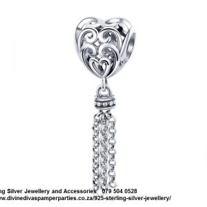 925 Sterling Silver Open work Love Charm with Tussle Love Floats Detail Dangle Tussle Charm. Pandora Compatible