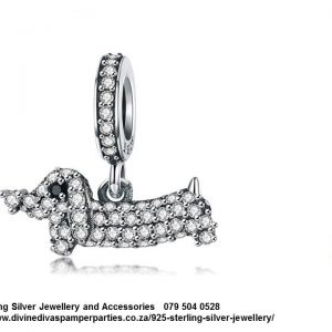 925 Sterling Silver Cubic Detail Sausage Dog Charm. Pandora Compatible