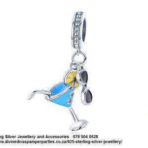 925 Sterling Silver Double Dangle Detail Summer Blue Cocktail Glass and Sunglasses Charm. Pandora Compatible
