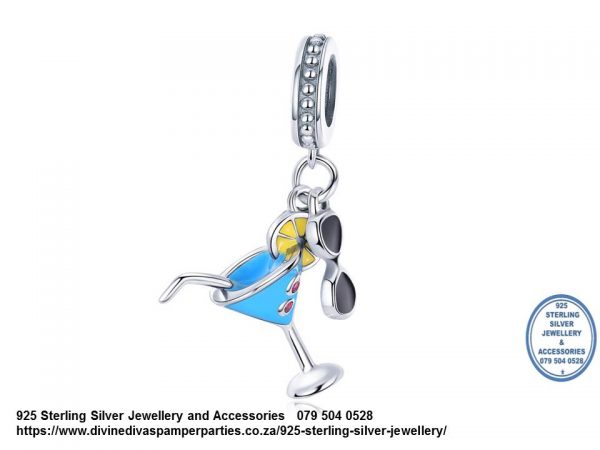 925 Sterling Silver Double Dangle Detail Summer Blue Cocktail Glass and Sunglasses Charm. Pandora Compatible 