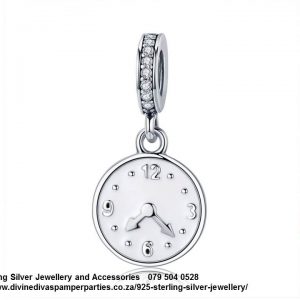 925 Sterling Silver Detail Enamel Time Clock Dangle Charm. Pandora Compatible