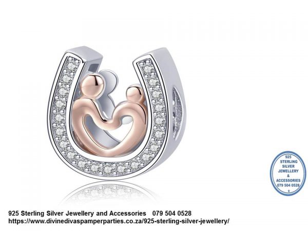925 Sterling Silver Family in horse shoe luck Love Charm. Pandora Compatible 