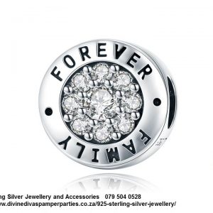 925 Sterling Silver Cubic Detail Forever Family Large Round Charm with many Cz. Pandora Compatible