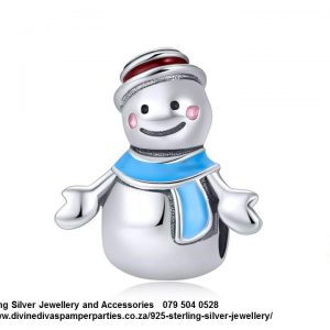 925 Sterling Silver Detail Snowman with Blue enamel scarf and hat Charm. Pandora Compatible