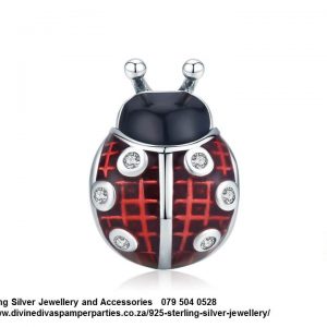 925 Sterling Silver Cubic Red and black Enamel Ladybug Detail Charm. Pandora Compatible