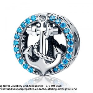 925 Sterling Silver Cubic Blue Circle Silver Anchor Detail Charm Bead . Pandora Compatible