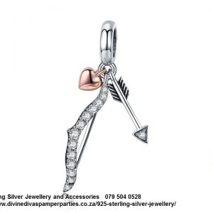 925 Sterling Silver Cupid Bow and Arrow Detail Dangle Charm. Pandora Compatible