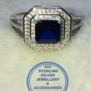 Blue and Cubic detailed real Sterling Silver Ring Double Square Halo