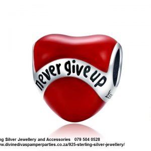 925 Sterling Silver Red Enamel Heart Never Give Up Detail Charm. Pandora Compatible