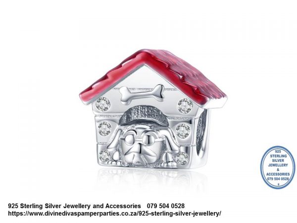 925 Sterling Silver Red Enamel Dog House Kennel  Charm. Pandora Compatible