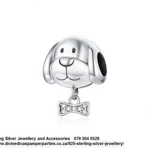 925 Sterling Silver Cz Detail Dog with bone Charm. Pandora Compatible