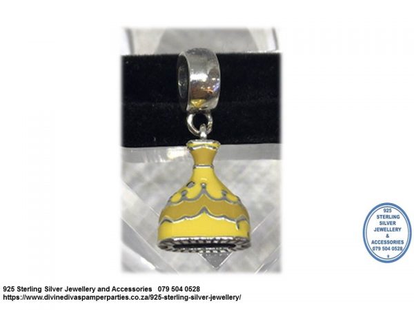 925 Sterling Silver Bell Beauty and The Beast Dangle Yellow Enamel Detail Charm. Pandora Compatible 