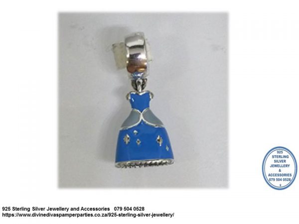 925 Sterling Silver  Dangle Cinderella Blue Dress Princess Charm. Pandora Compatible