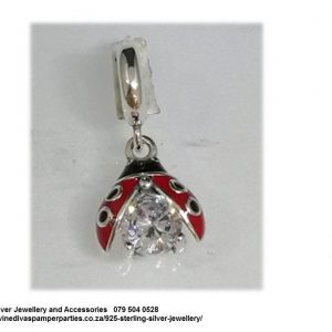 925 Sterling Silver Enamel and Cubic Detail LadyBug Dangle Charm. Pandora Compatible Lady bug