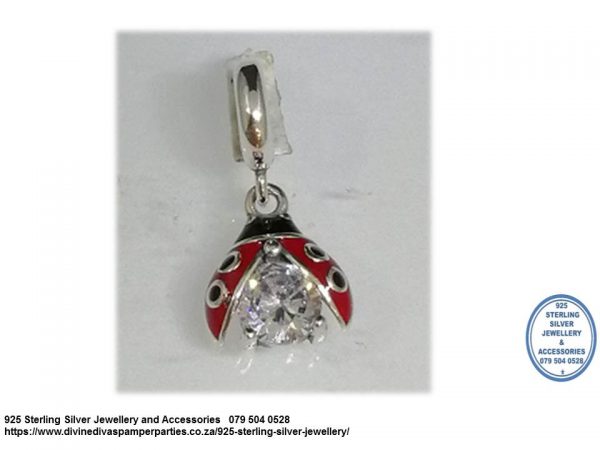 925 Sterling Silver  Enamel and Cubic Detail LadyBug Dangle Charm. Pandora Compatible Lady bug