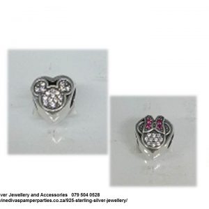 925 Sterling Silver Mickey And Minnie Mouse Double Side CZ Cubic Detail Charm Bead. Pandora Compatible