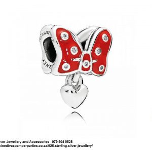 925 Sterling Silver Minnie Mouse Bow with Red Enamel detail Charm Bead Dangle Heart. Pandora Compatible