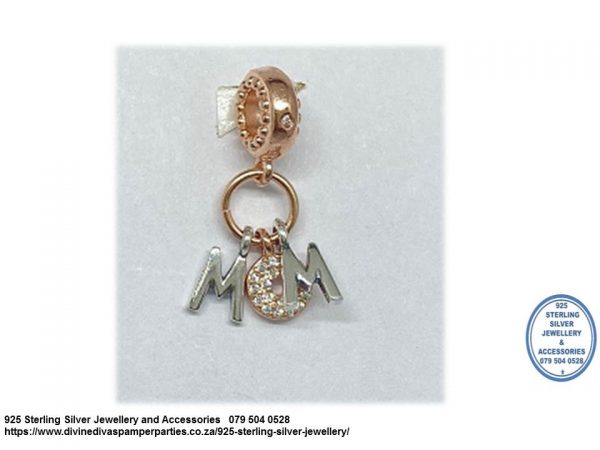 925 Sterling Silver Two Tone Mom Letters Detail Cz Dangle  3 Charm. Pandora Compatible 