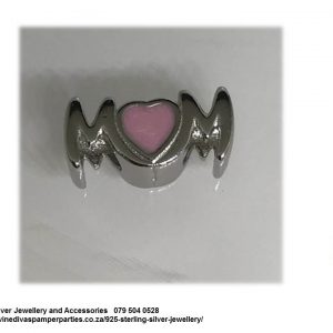 925 Sterling Silver Pink Enamel Heart Love Mom Charm Bead. Pandora Compatible