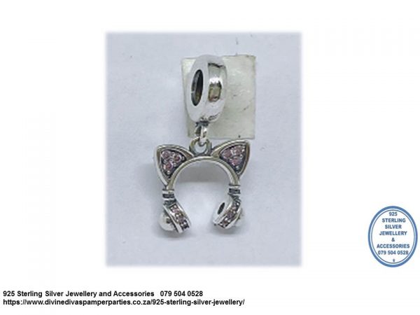925 Sterling Silver  Dangle Minnie Mouse Head Phones Ears Pink Cz Charm. Pandora Compatible 