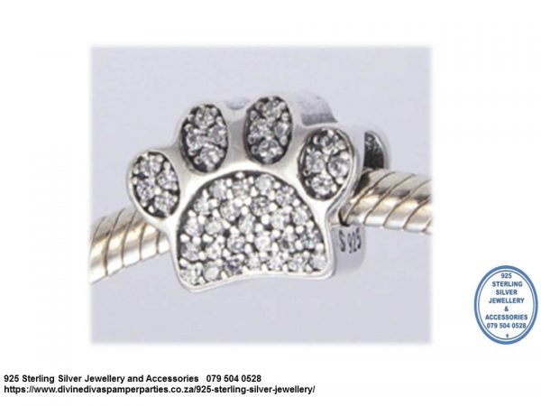 925 Sterling Silver  Cubic Detail Paw Prints Charm Bead. Pandora Compatible 