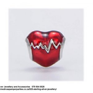 925 Sterling Silver Red Enamel Heart Beat Charm Bead. Pandora Compatible