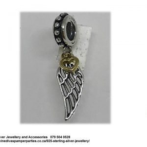925 Sterling Silver Angel Wing Dangle Charm. Gold Plated Heart. Pandora Compatible