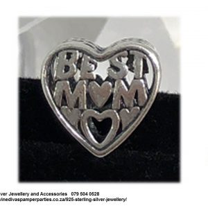 925 Sterling Silver Best Mom Heart Charm Bead. Pandora Compatible.