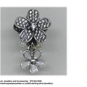 925 Sterling Silver Dangle Double Flower Detailed Charm Bead. Pandora Compatible