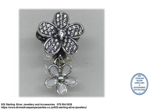 925 Sterling Silver Dangle Double Flower Detailed Charm Bead. Pandora Compatible 