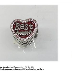 925 Sterling Silver Red Enamel Best Mom Charm Bead. Pandora Compatible.