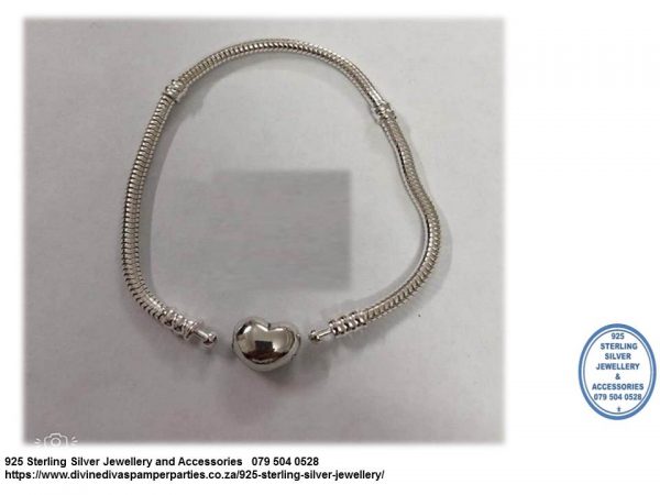 925 Sterling Silver Snake Me Plain Heart Clip Bracelet for Charms. Pandora Compatible