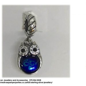 925 Sterling Silver Cz Cubic Detail Blue Belly Owl Charm Bead. Pandora Compatible