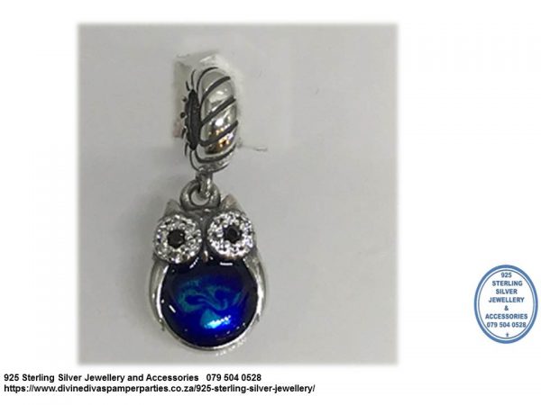 925 Sterling Silver Cz Cubic Detail Blue Belly Owl  Charm Bead. Pandora Compatible
