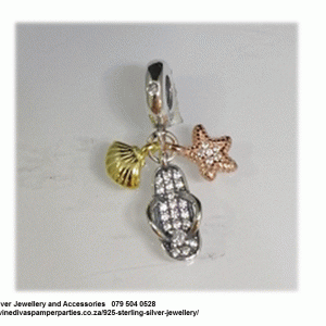 925 Sterling Silver Tripple Dangle Beach Fun Summer Flip flop Starfish Shell Charm Bead. Pandora Compatible