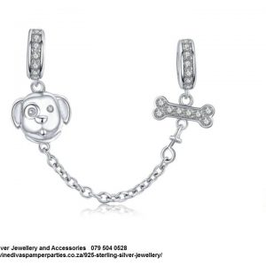 925 Sterling Silver Cubic Detail Love Dogs Bone & Dog Safety Chain. Pandora Compatible