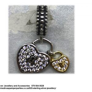 925 sterling Silver Double Dangle Two Two Tone Padlocks cz detailed charm . Pandora Compatible