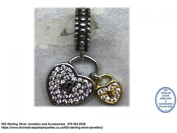 925 sterling Silver Double Dangle  Two Two Tone Padlocks cz detailed charm . Pandora Compatible
