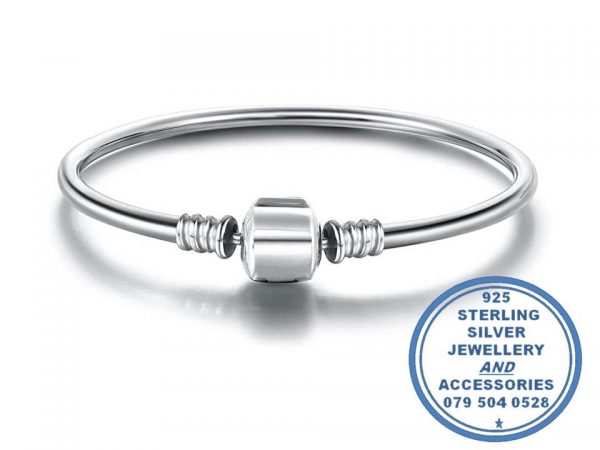 925 Sterling Silver Hard Charm Bangle Bracelet. Pandora Compatible