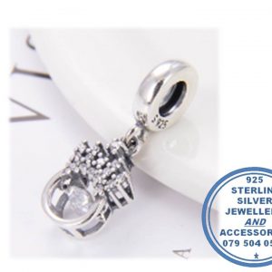 "925 Sterling Silver Dangle Crown Ring Charm with moving cubic center. Pandora Compatible"