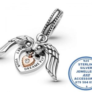 "925 Sterling Silver Let Your Dreams Fly Pandora Compatible Dangle Charm. Angel Wings And Heart."