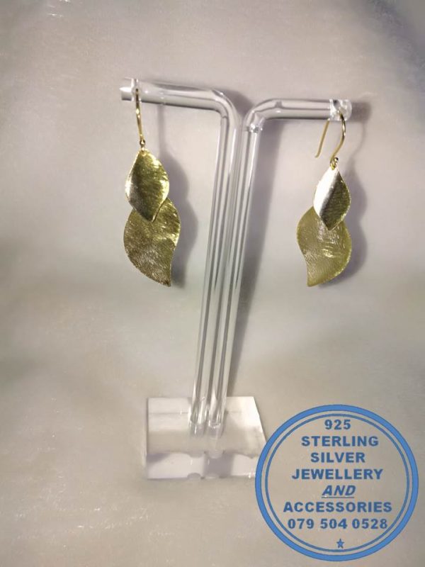 925 sterling Silver Gold Plated Double Hanging Leave Earrings. Hook in