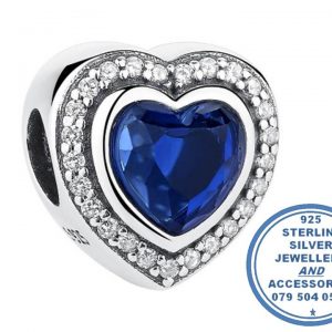 "925 Sterling Silver CZ Royal Blue Cubic Heart Pandora Compatible Bead Charm"