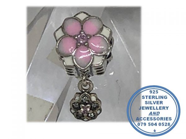 925 Sterling Silver Charm with Pink Magnolia with Dangle Flower Charm Bead. Pandora Compatible.