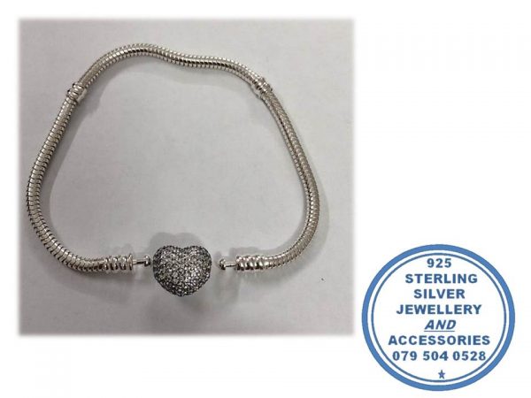 925 Sterling Silver Soft Bracelet with CZ Cubic Detail Heart Clasp. Pandora Compatible
