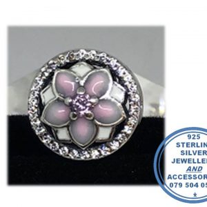 "925 Sterling Silver CZ Pink Enamel Magnolia Flower Pandora Compatible Bead Charm"