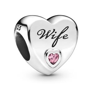 925 Sterling Silver Large CZ Cubic Wife Heart Charm. Pandora Compatible.
