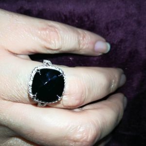 925 Sterling Silver Dramatic Large Black Cubic Center with Clear Cubics around for the Perfect Halo Ring