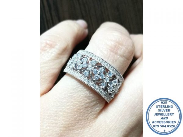 925 Sterling Silver Statement Broad Wedding Band with cubic flower detail in diamond shapes