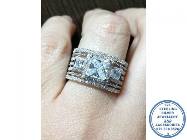 925 Sterling Silver Ring with 7 Cubic and Twisted Bands As One Ring Halo Square Cubic  with side Halo Smaller Square Cubic